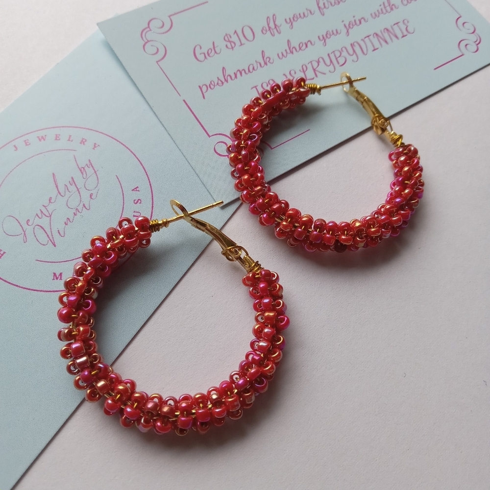 Hand Crafted Red and Gold Beaded Earrings